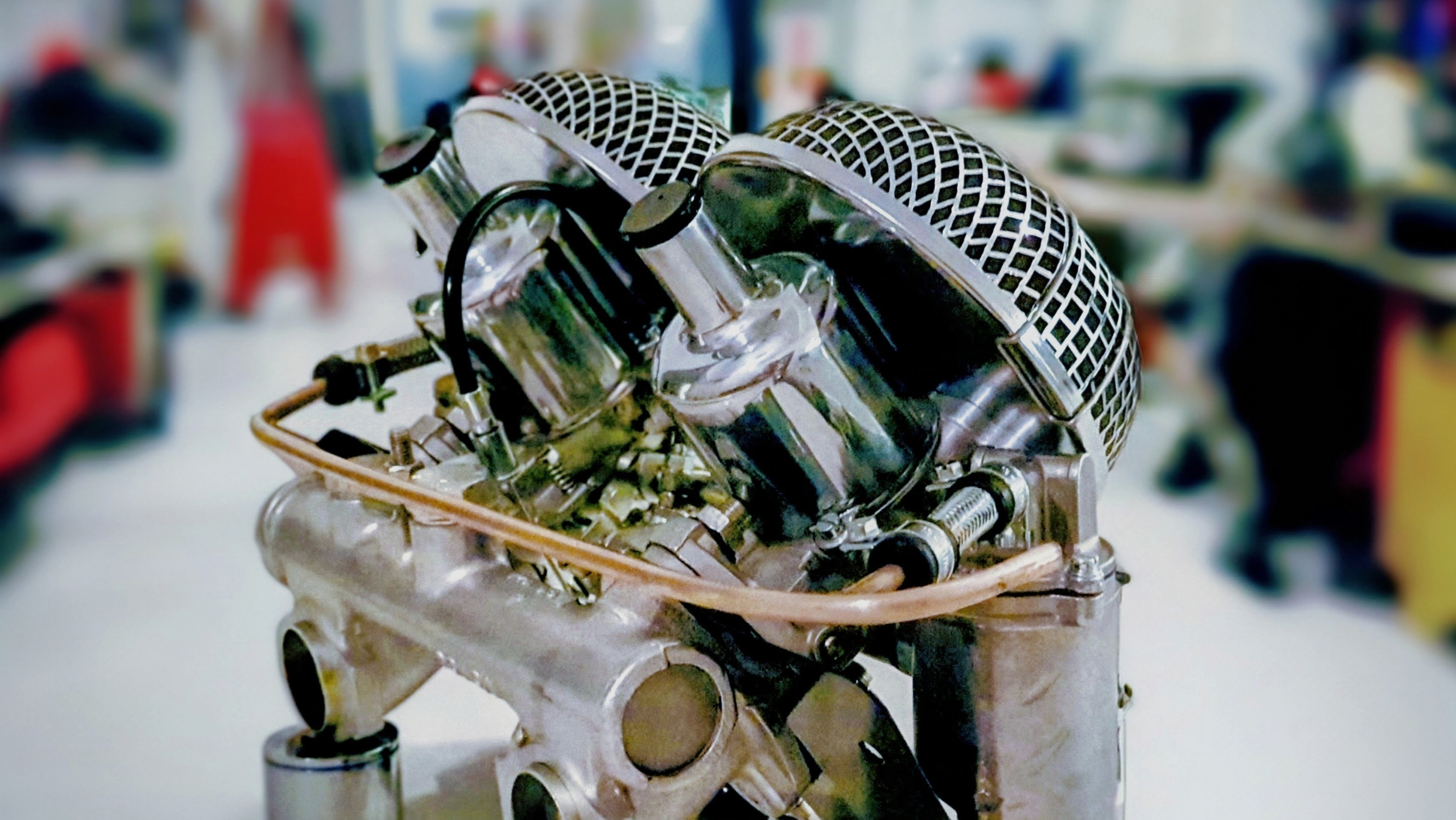 Twin SU carburettor detail on a classic engine